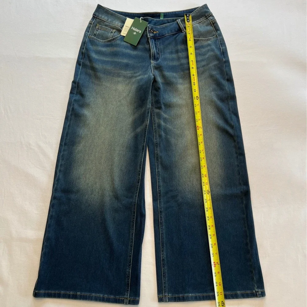 Halara Flex Denim Blue Wide Leg Stretch Asymmetrical Waist Jeans NWT Size MP - Picture 5 of 9